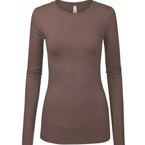 Round neck long sleeve brown solid fitted shirt top